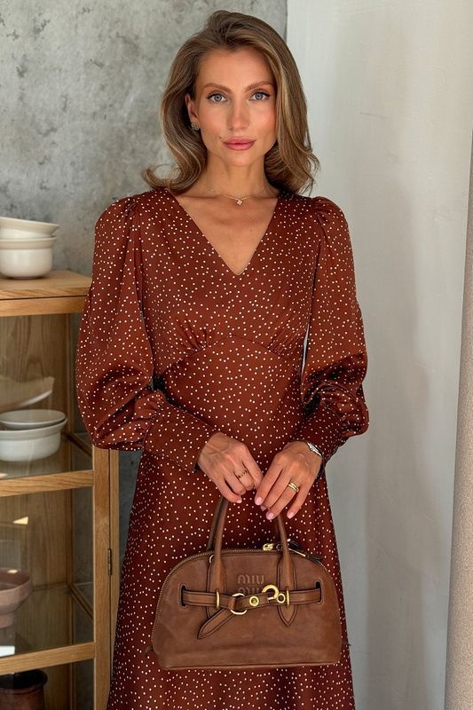 Коричнева сукня з манжетом у горох, S