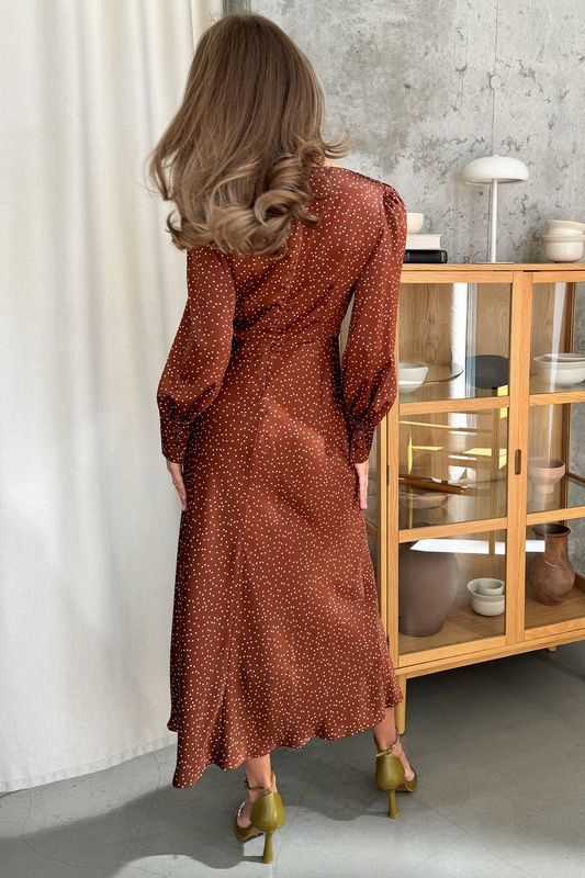 Коричнева сукня з манжетом у горох, XS