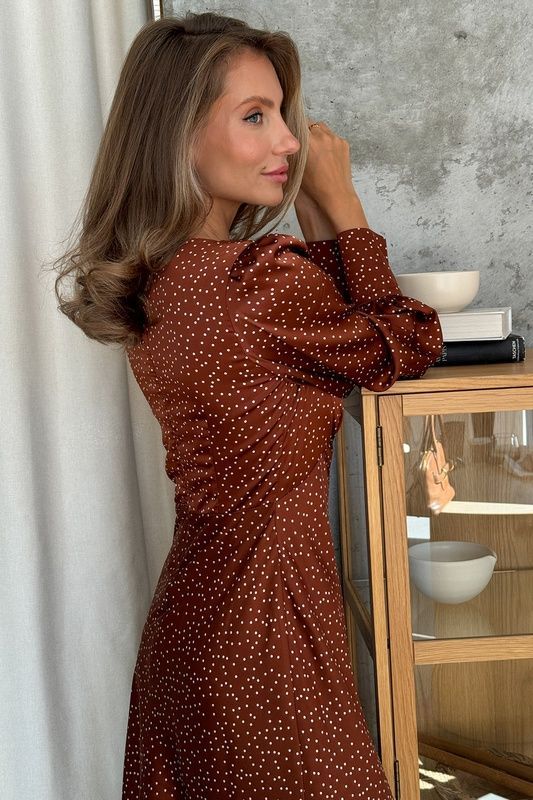 Коричнева сукня з манжетом у горох, XS