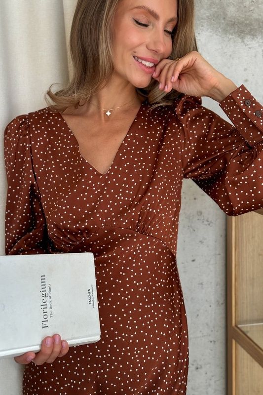 Коричнева сукня з манжетом у горох, XS